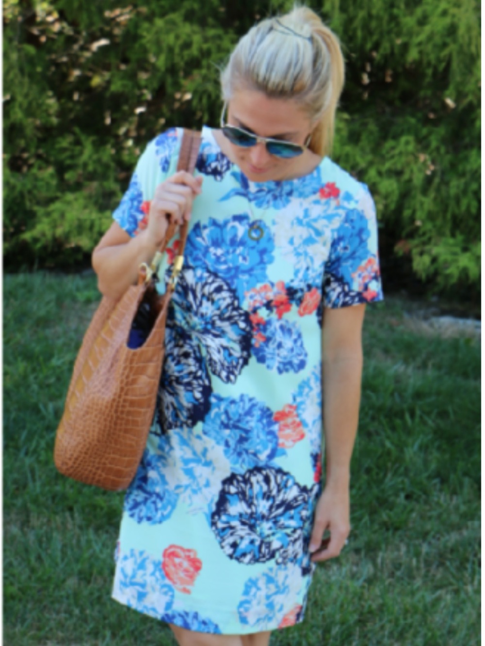 J. Crew Short-Sleeve Floral Shift Dress - Light Blue, Blue & Coral
